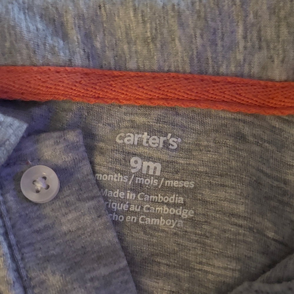9 MONTHS, Carter's Heather Gray Polo Baby Onesie - Picture 3 of 4